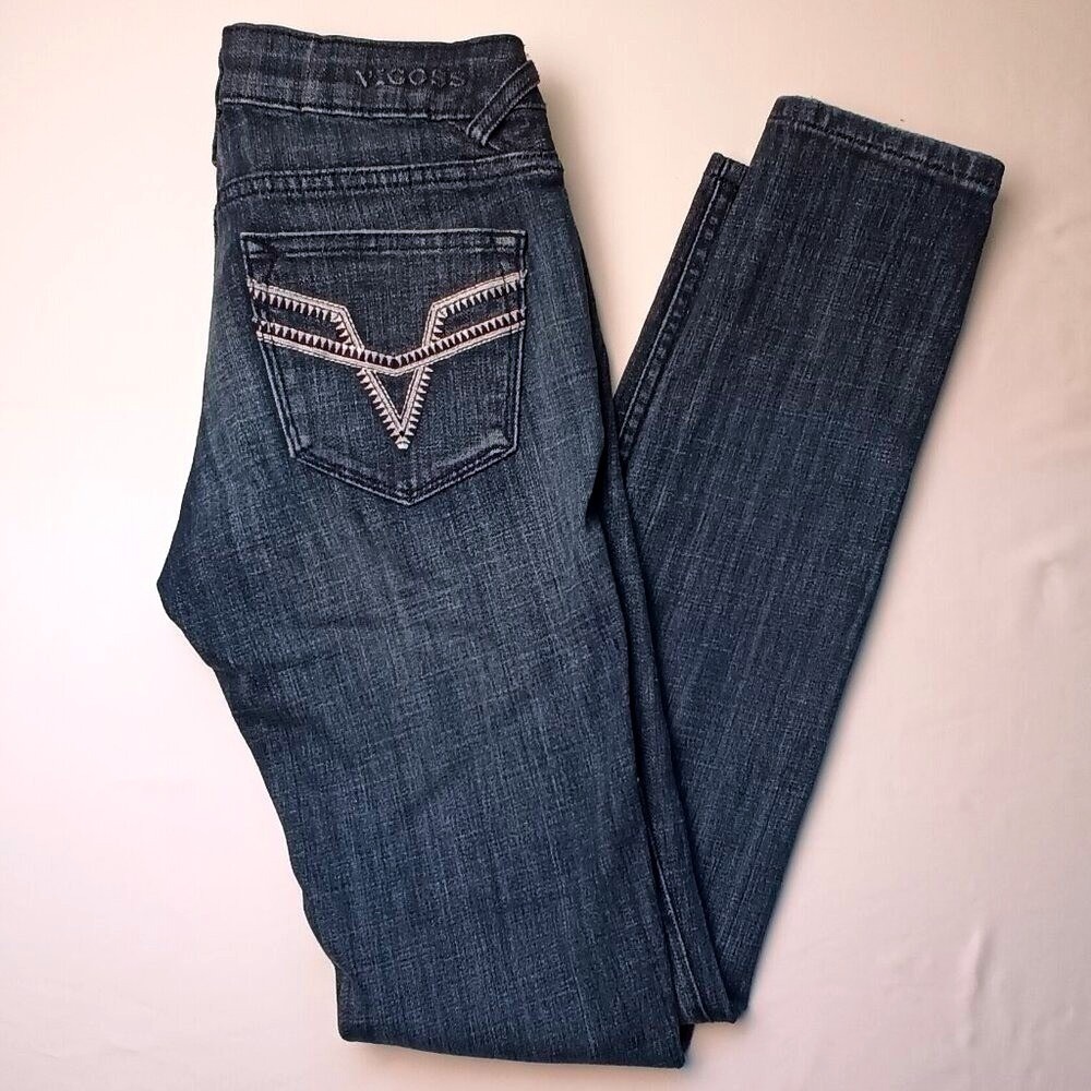 Vigoss Women Chelsea Distressed Contrast Stitch Skinny Jeans Size 24/0 Dark Blue